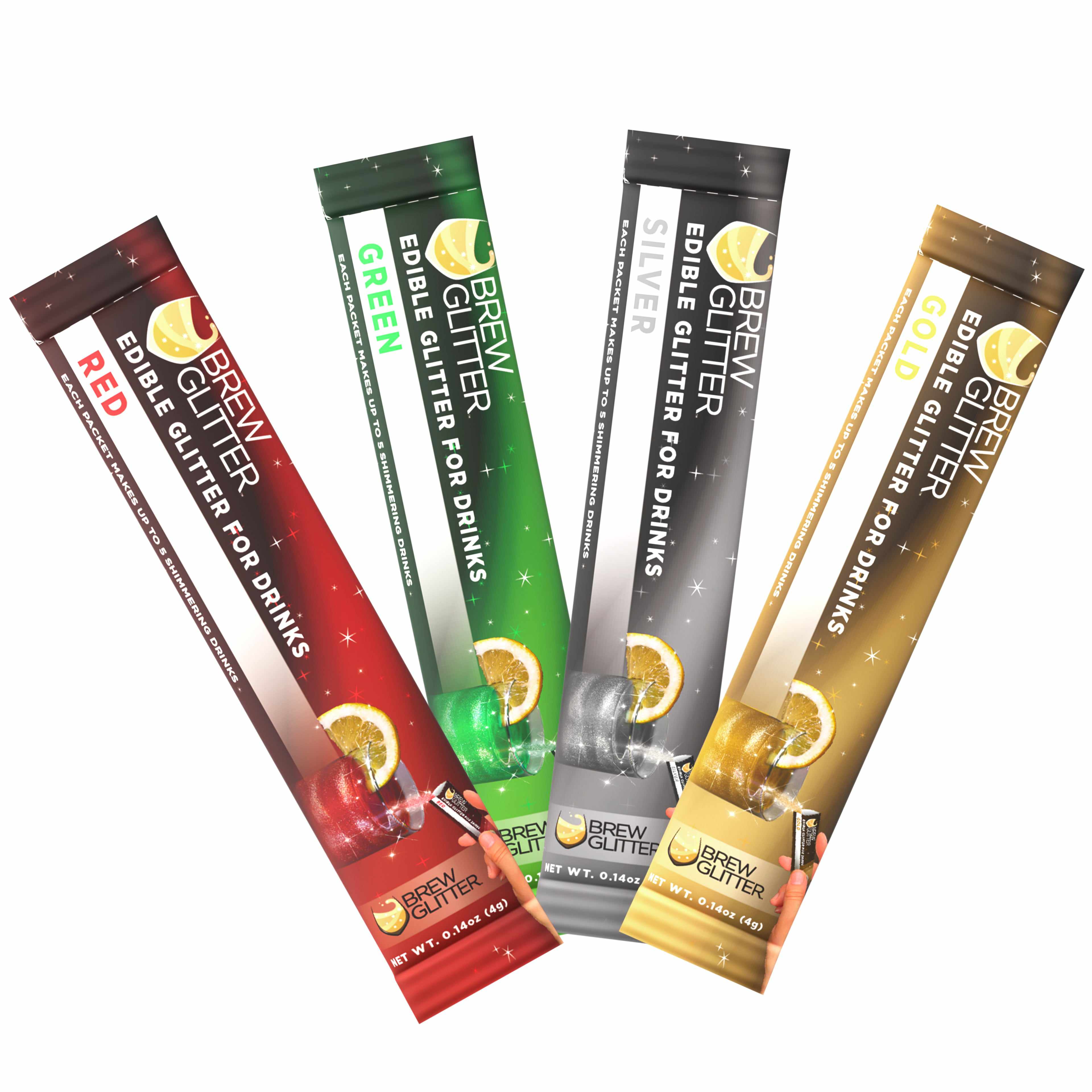 product image of four glitter sticks in red, green, silver, and gold