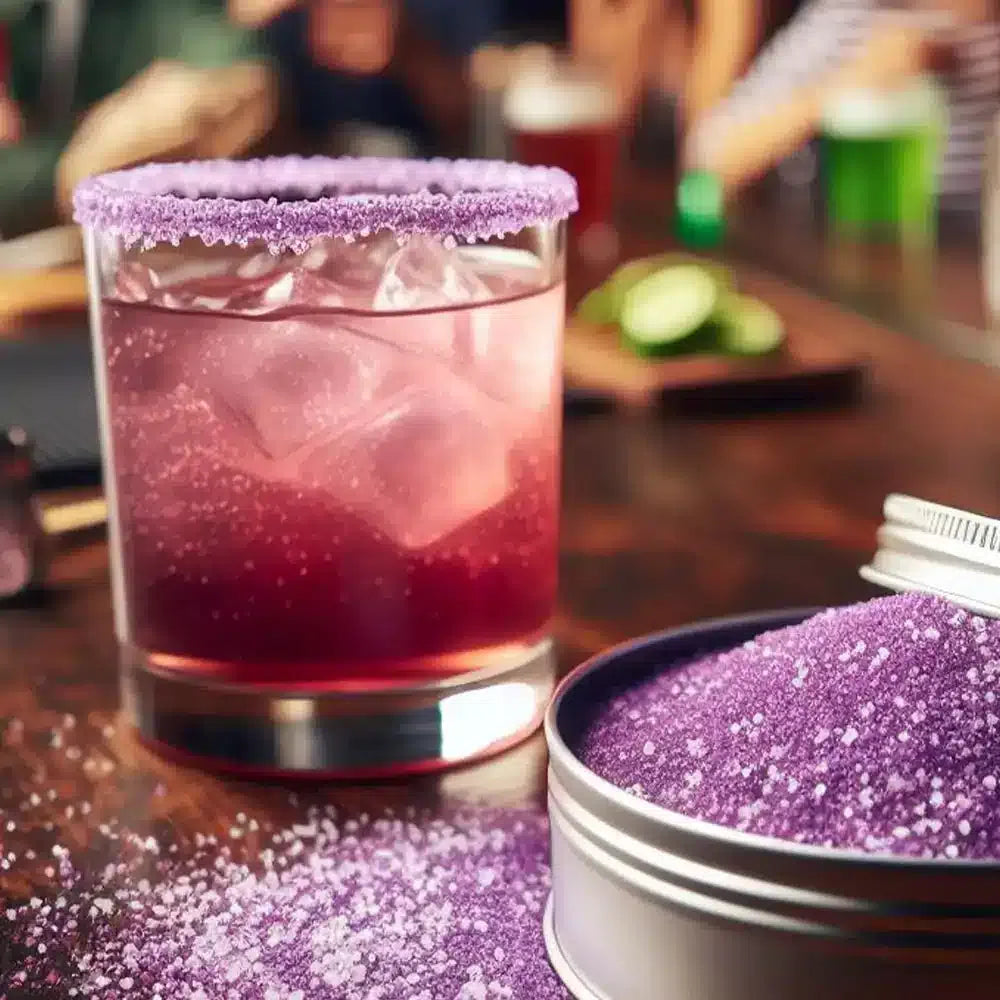 red glitter drink with purple rimming salt garnish