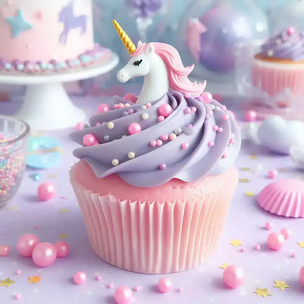 pink sprinkle beads on a purple unicorn cupcake