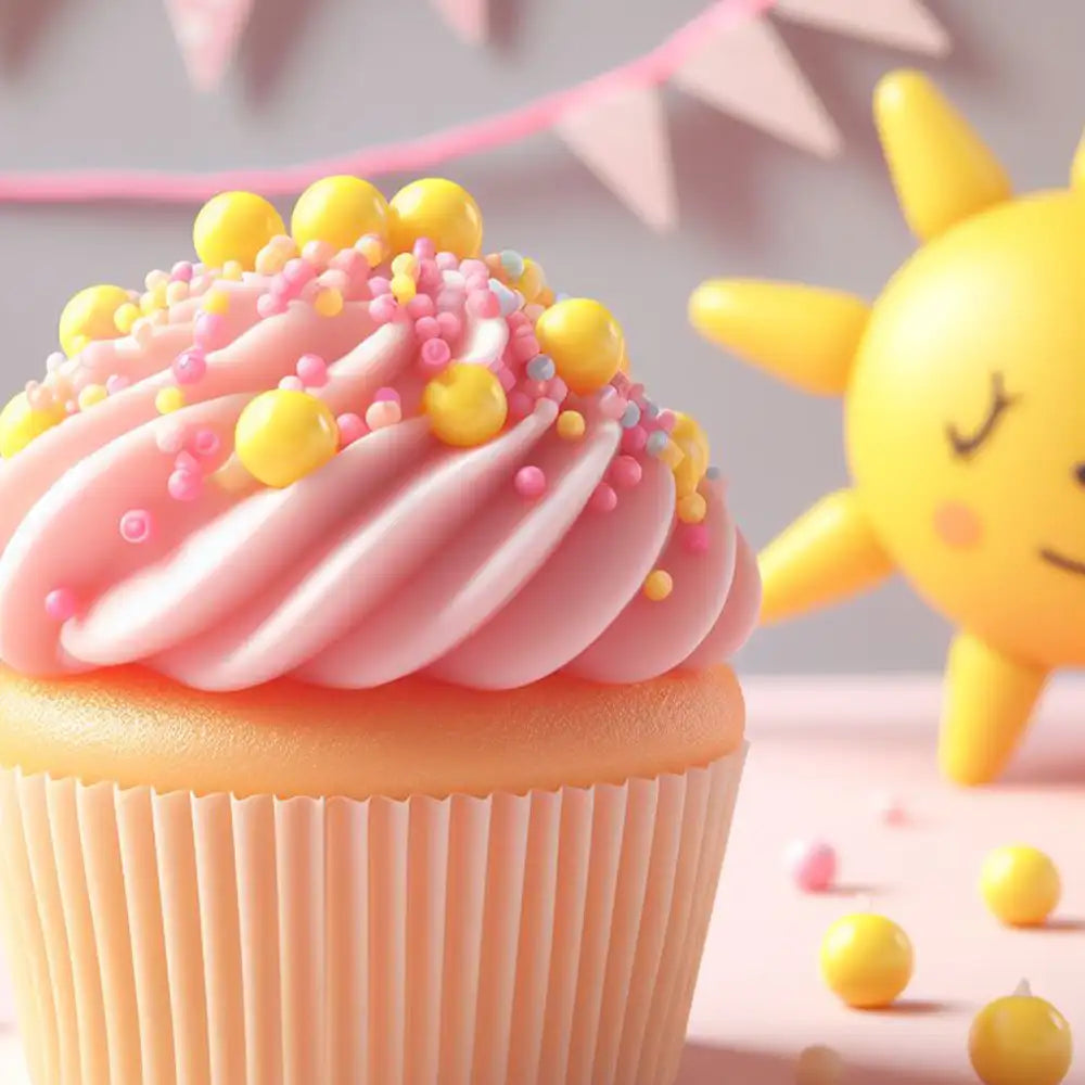 yellow bead sprinkles on pink icing cupcake