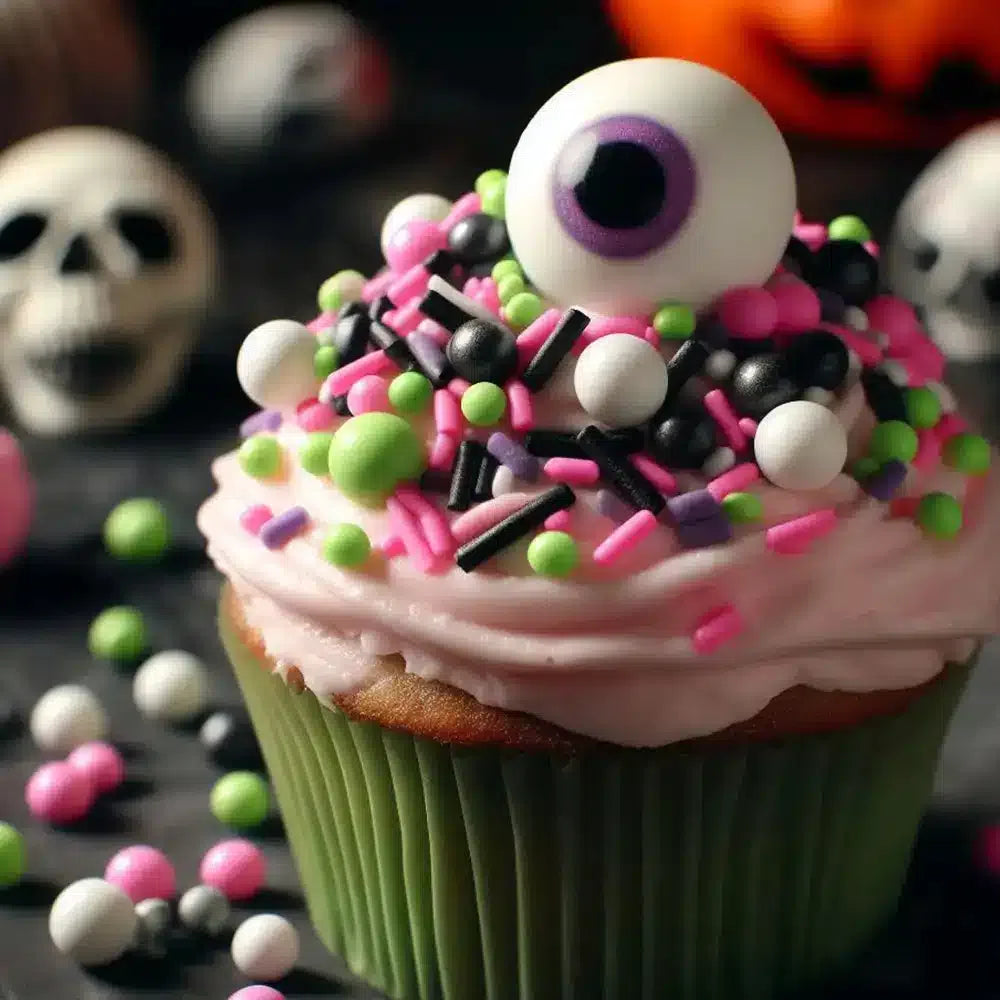 eyeball sprinkle mix on top of Halloween cupcake