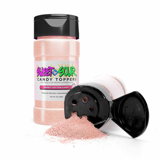Sweet & Sour Candy Toppers overflowing from 85g container | Cotton candy flavor sensation | Culinary enchantment in pink