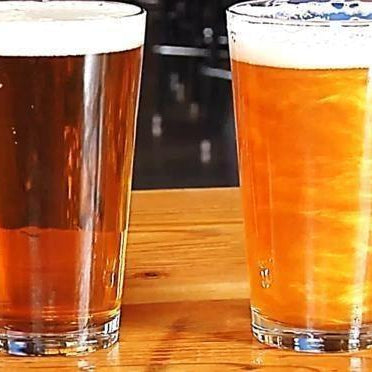 Two pint glasses of beer on a wooden bar, one dark amber and one shimmering golden.