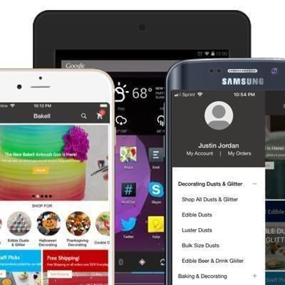 Three mobile devices displaying e-commerce apps for baking and decorating supplies.