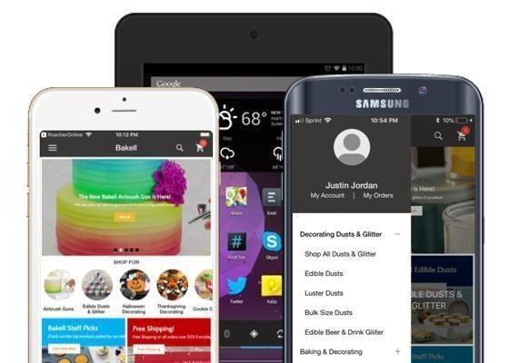 Three mobile devices displaying e-commerce apps for baking and decorating supplies.