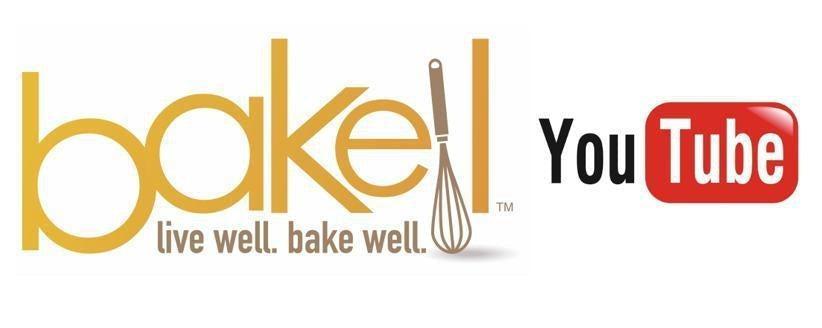 Bakel logo with a whisk and "live well. bake well." next to the YouTube logo.