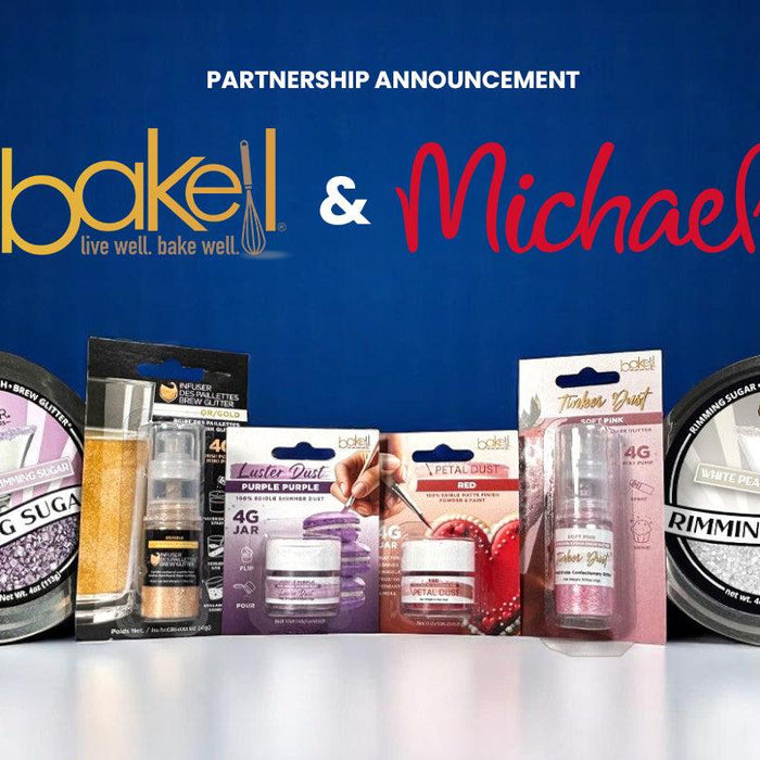 Bakell and Michaels partnership announcement with various Bakell edible glitters, dusts, and rimming sugars.