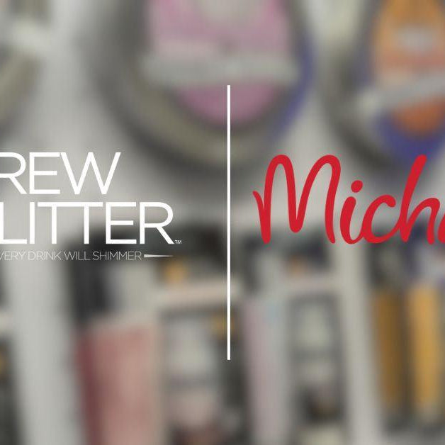 Brew Glitter logo next to the red Michaels logo, with blurred glitter products in the background.