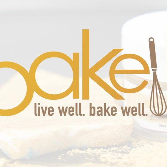 Gold "bake well" logo with a whisk, next to a jar of edible shimmering dust and baked goods.