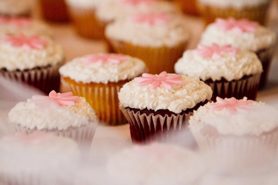 Rows of festive cupcakes with white frosting and pink flower decorations.
