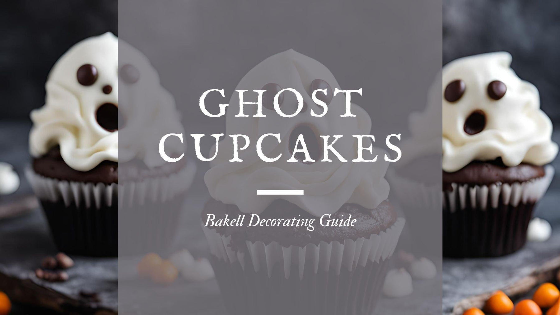 Halloween chocolate ghost cupcakes with white frosting and chocolate chip eyes.