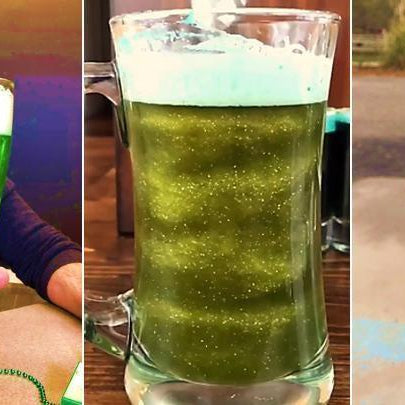 Three images of vibrant green, glittery beer in various glasses, celebrating St. Patrick's Day.