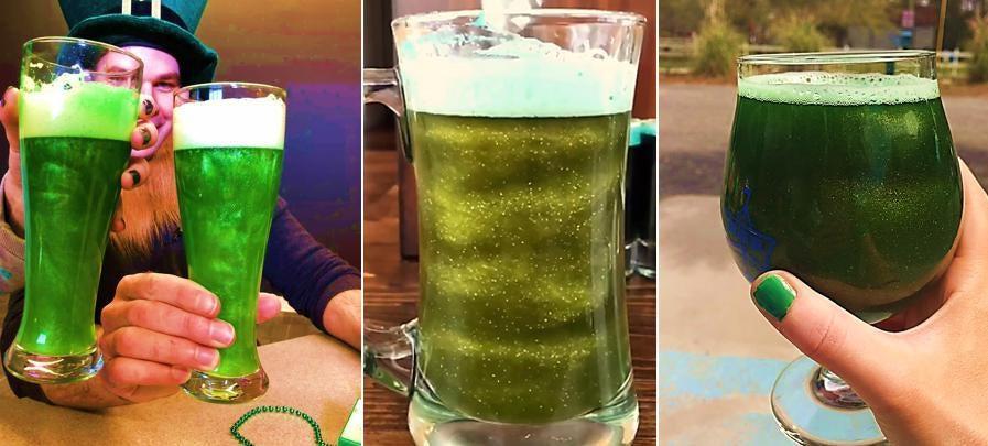 Three images of vibrant green, glittery beer in various glasses, celebrating St. Patrick's Day.
