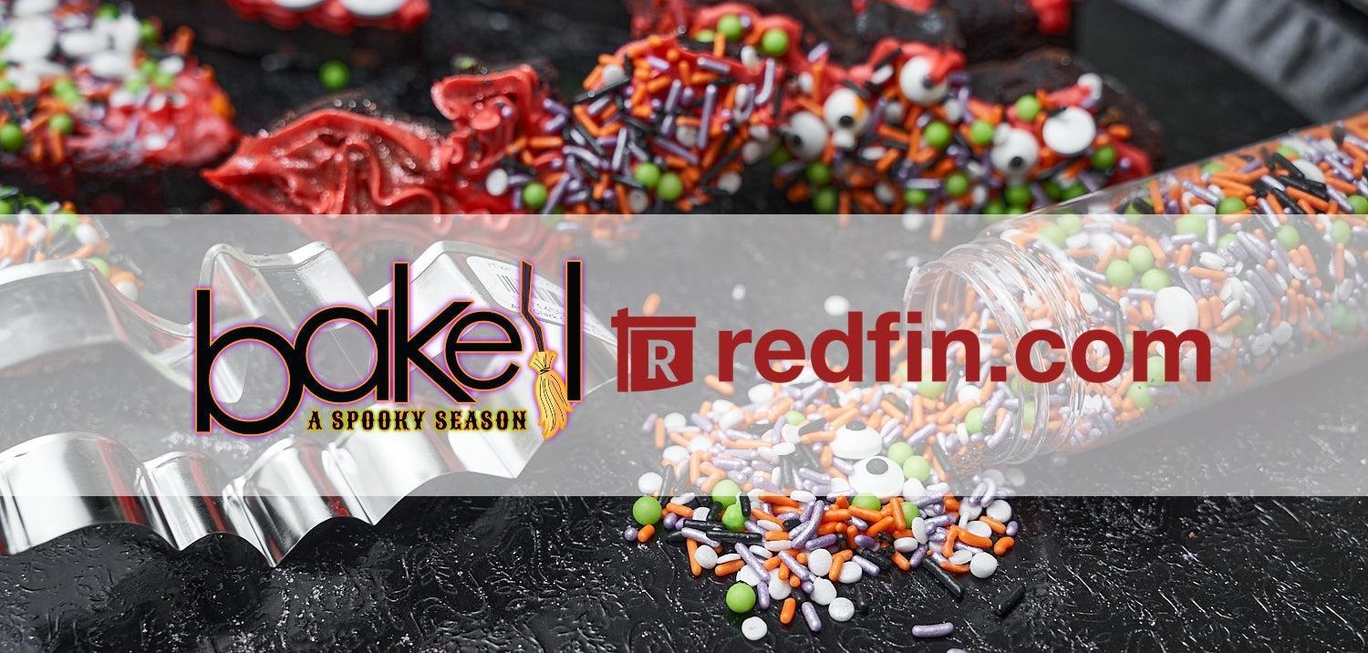 Halloween-themed cookies and sprinkles with "bake it redfin.com" logo overlay.
