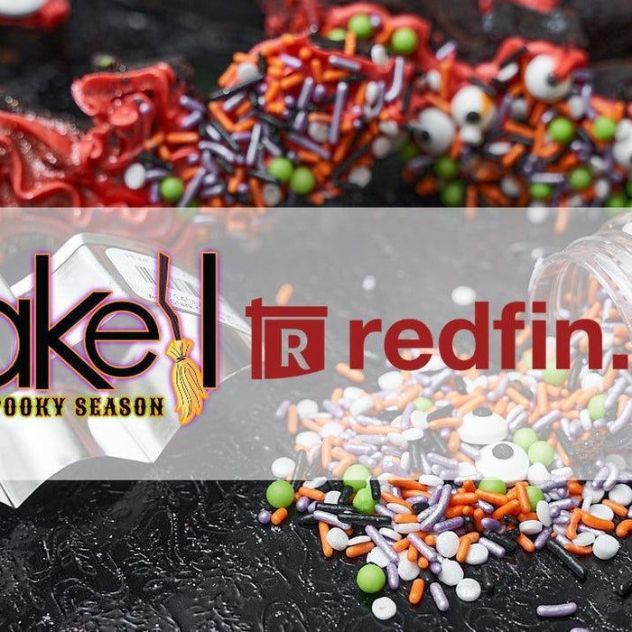 Halloween-themed cookies and sprinkles with "bake it redfin.com" logo overlay.