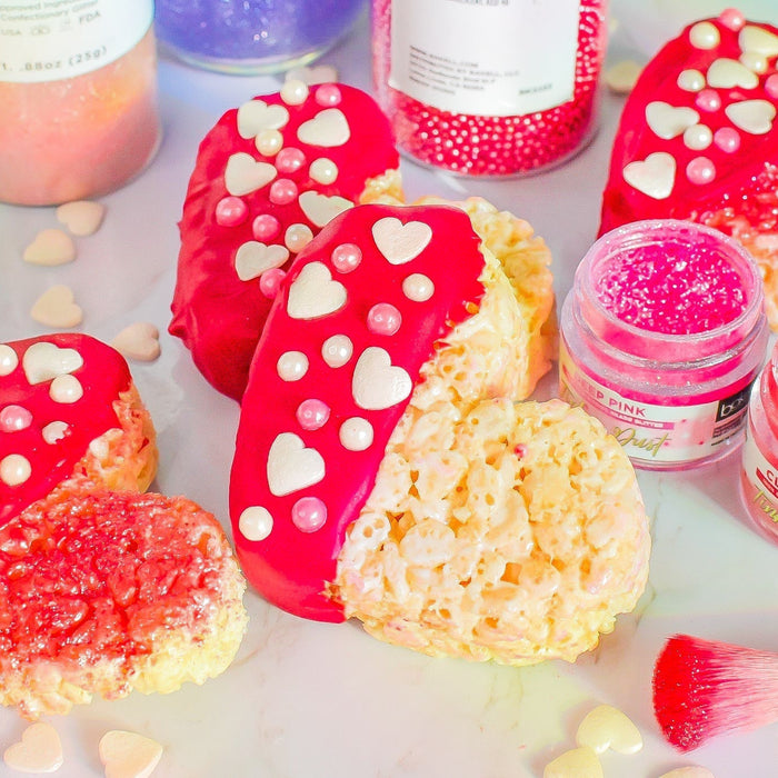 valentines rice krispies treat with heart shaped sprinkles and edible glitter