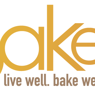 Bakell logo in gold and brown, featuring a whisk as the letter "l" and the tagline "live well. bake well.
