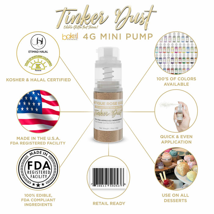 Rose Gold Edible Glitter Spray Infographic for Desserts, Cakes, Cookies, Cupcakes. FDA Compliant Ingredients, Made in the USA. | Bakell.com