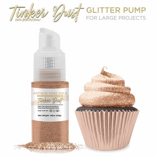Front view of a 25 gram Antique Rose Gold Edible Glitter Spray Pump to the left, and a cupcake decorated with the glitter to the right. | bakell.com