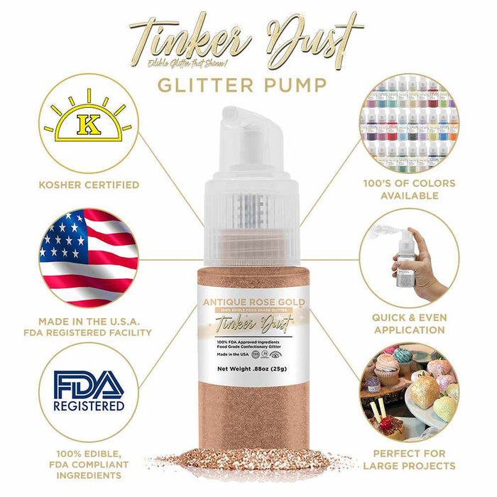 Infographic for a 25 gram Antique Rose Gold Edible Glitter Spray Pump. | bakell.com
