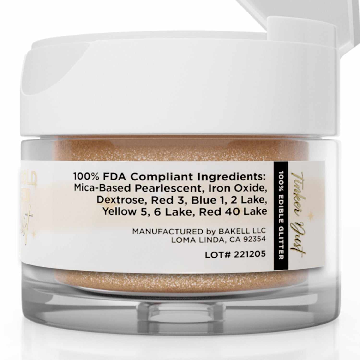 FDA Compliant Label, View of Side of Rose Gold Edible Glitter 5 gram Jar | bakell.com
