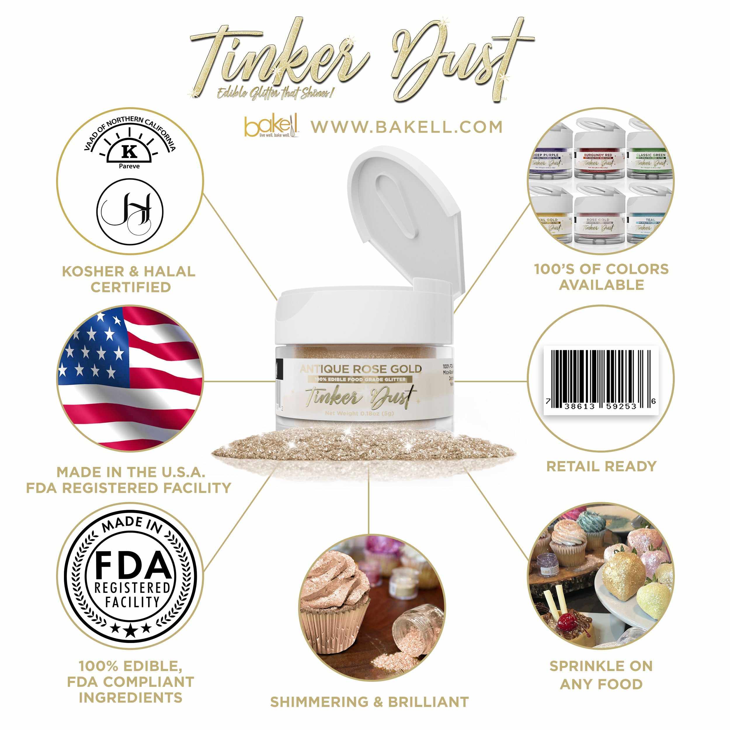 Rose Gold, Infographic of Edible Glitter 5 Gram Jar, Kosher. Made in the USA | bakell.com