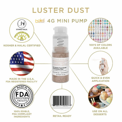 Infographic for 4 gram spray pump bottle of Antique Rose Gold Luster Dust. | bakell.com