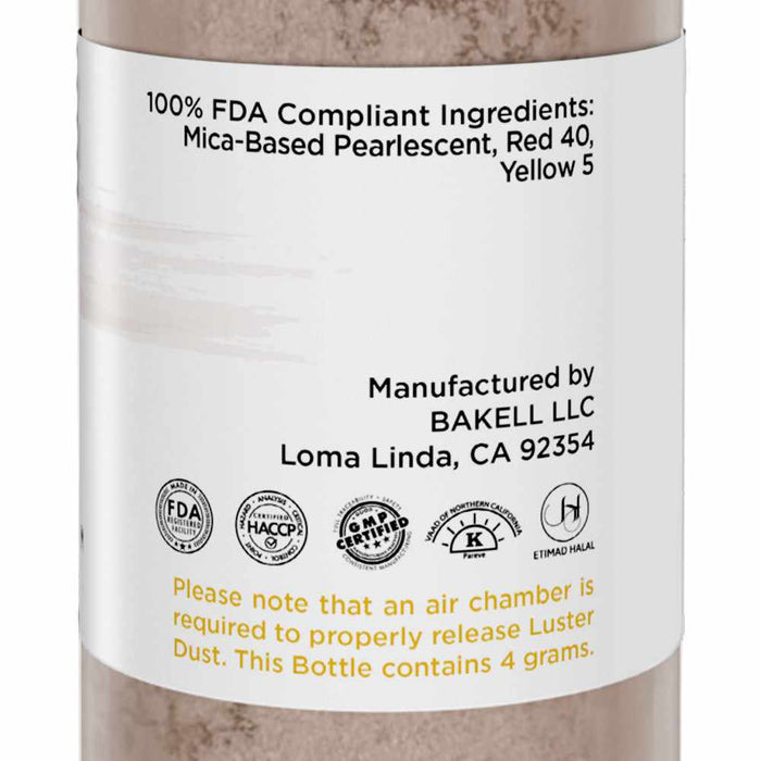 Close up of ingredients for 4 gram spray pump bottle of Antique Rose Gold Luster Dust. | bakell.com