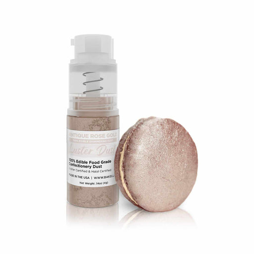 Front view of 4 gram spray pump bottle of Antique Rose Gold Luster Dust to the left, and a macaroon covered with the edible Luster Dust to the right. | bakell.com