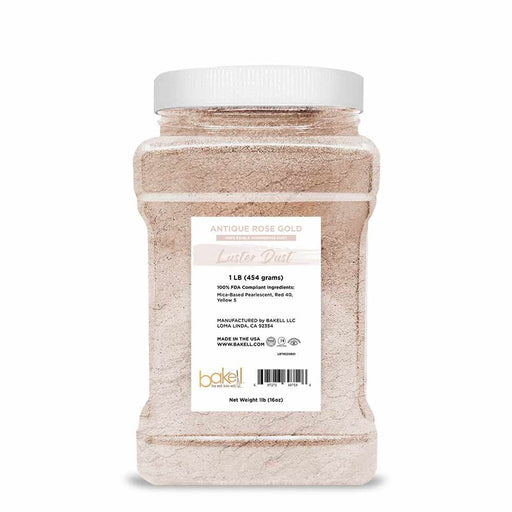 1 LB bulk container of Antique Rose Gold Luster Dust, a shimmering edible powder.