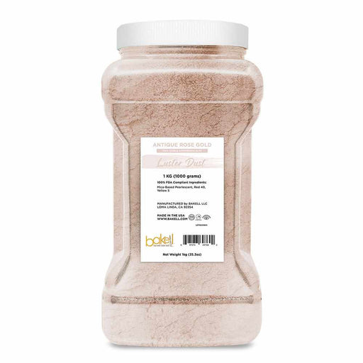 1kg bulk jar of Antique Rose Gold Luster Dust, an edible shimmering powder.
