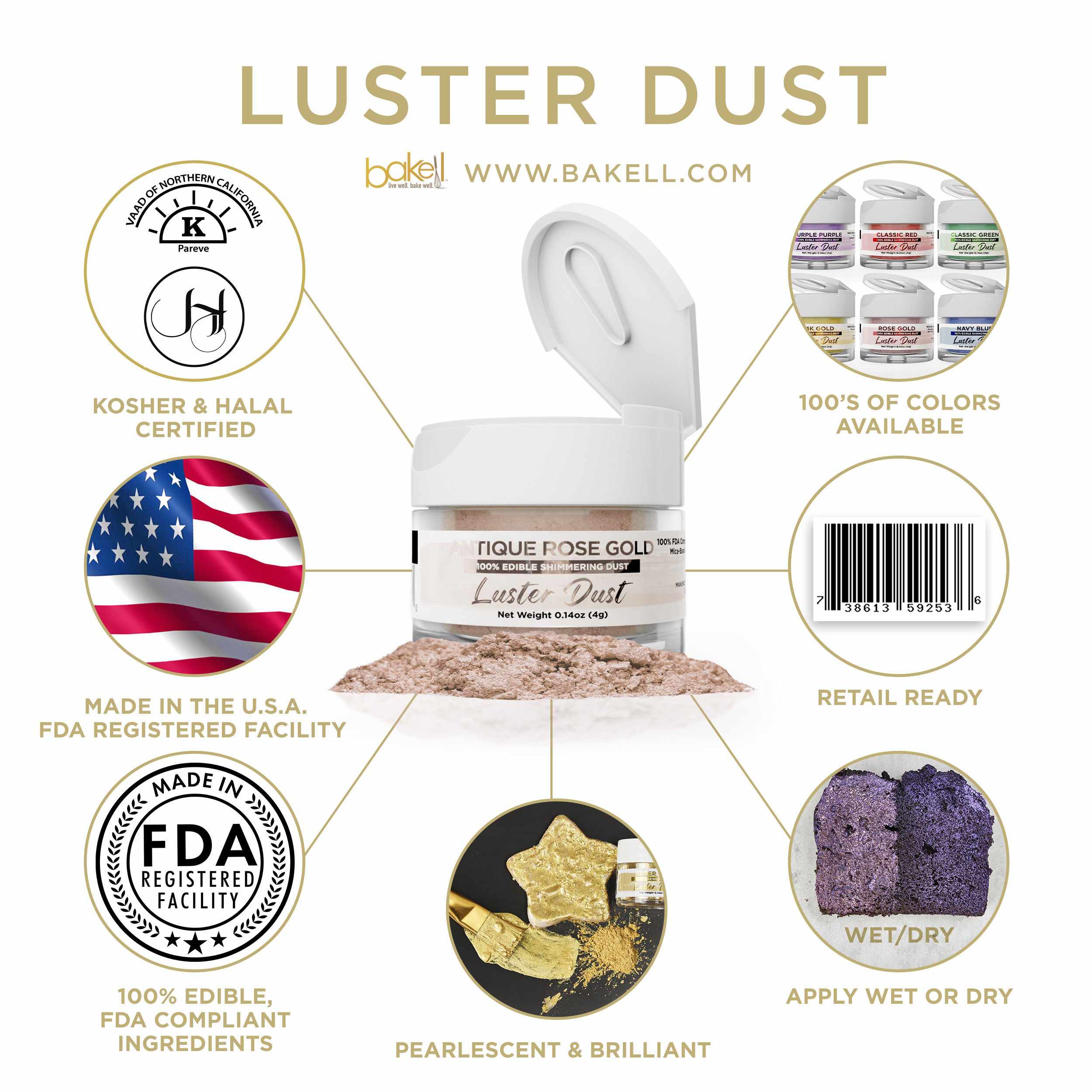 Infographic for Luster Dust in Antique Rose Gold, 5 grams | bakell.com