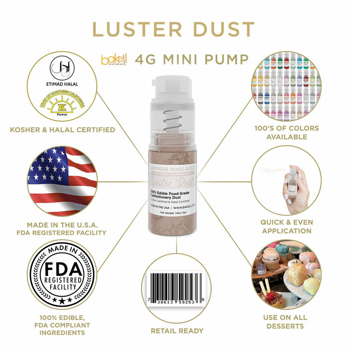 An infographic for a 4 gram of Antique Rose Gold Luster Dust edible spray pump. | bakell.com