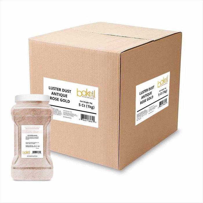 A 1 kilogram  jar of Luster Dust in Antique Rose Gold color in the front, and a wholesale box behind it. | bakell.com