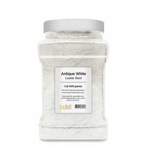 Antique White Luster Dust, 1 LB (455 grams) bulk size, in a clear plastic jar with a white lid.