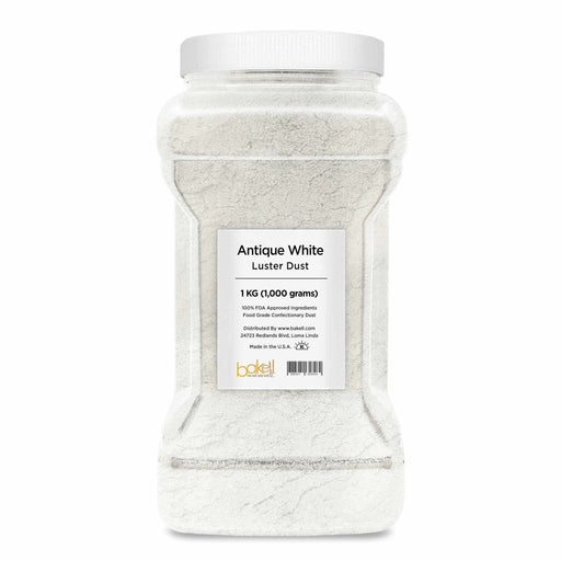 Large 1kg container of Antique White Luster Dust, a pearlized edible powder.