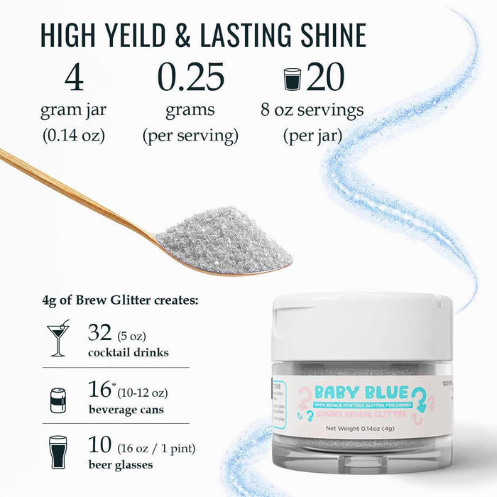 Baby Blue edible drink glitter in a 4g jar with serving size guide and a spoonful of shimmering silver powder.
