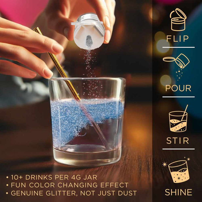 Hand pouring baby blue edible drink glitter into a glass of clear liquid with a gold straw and step-by-step instructions.
