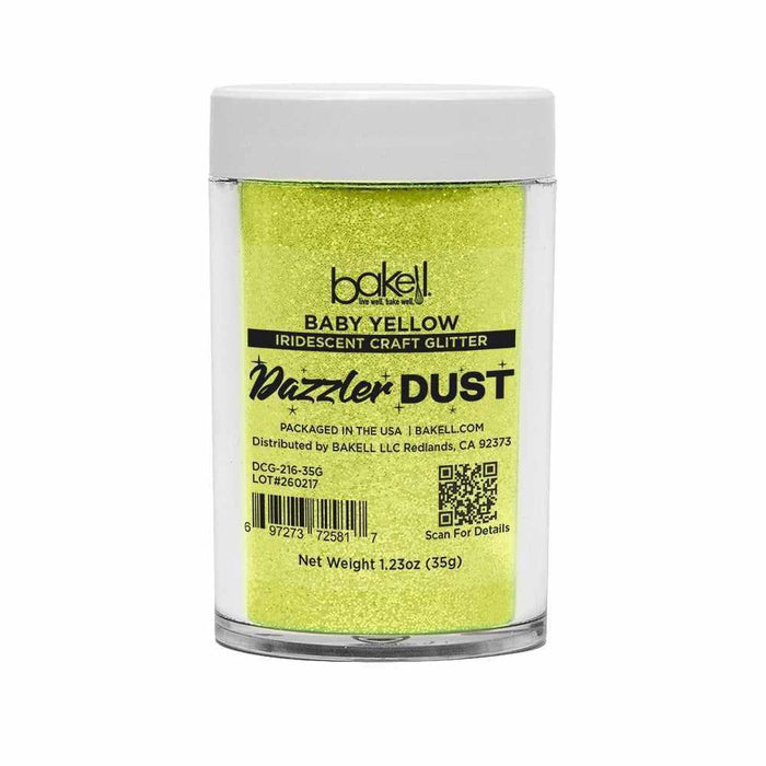 Baby Yellow Ultrafine Iridescent Dazzler Dust craft glitter in a clear jar with a white lid.