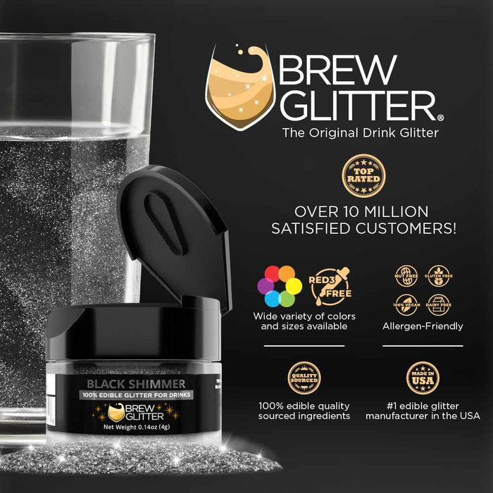 Black Brew Glitter jar with "Black Shimmer" label next to a shimmering drink in a glass.