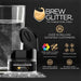 Black Brew Glitter jar with "Black Shimmer" label next to a shimmering drink in a glass.