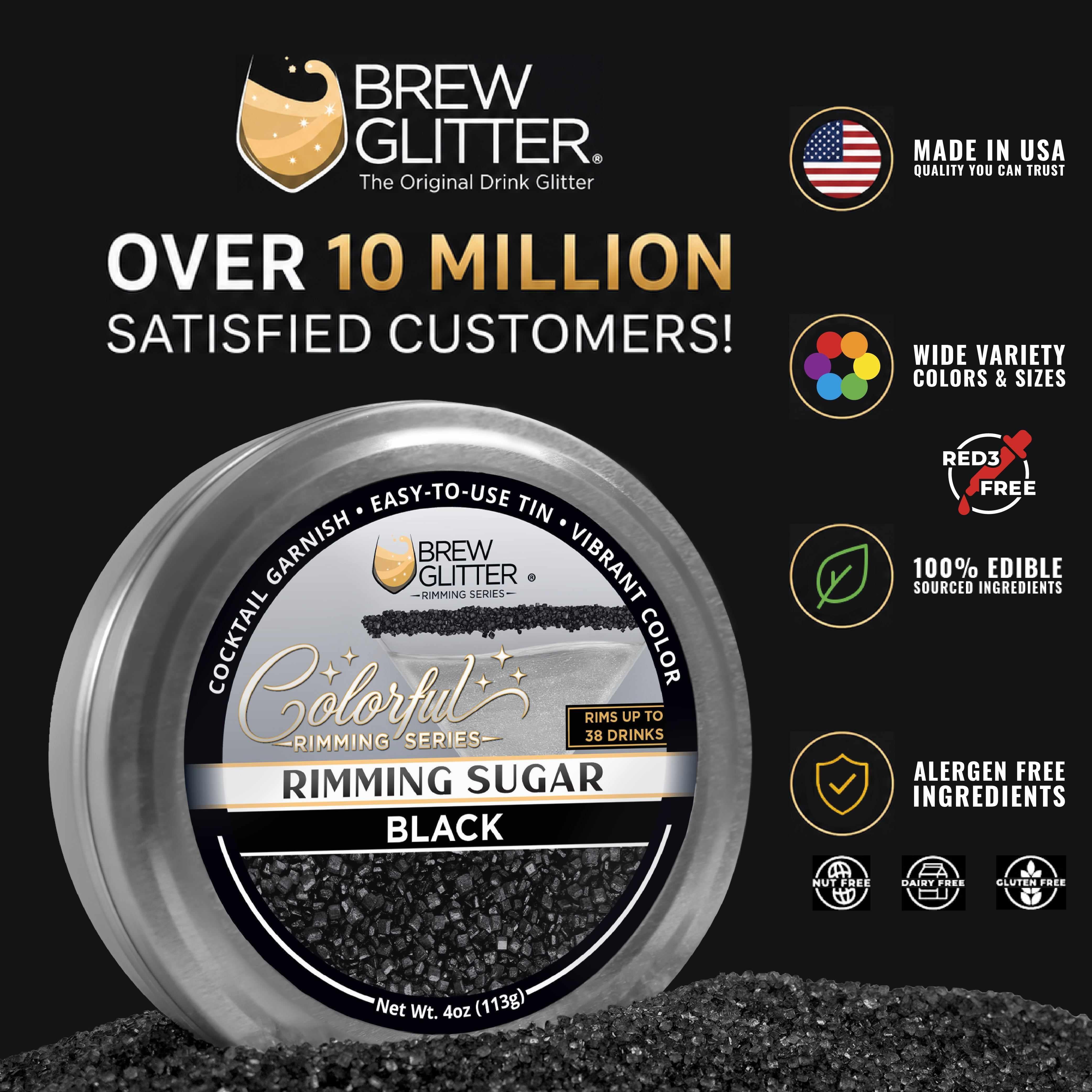 Black cocktail rimming sugar in a 4oz metal tin with a label featuring product details and dietary icons.