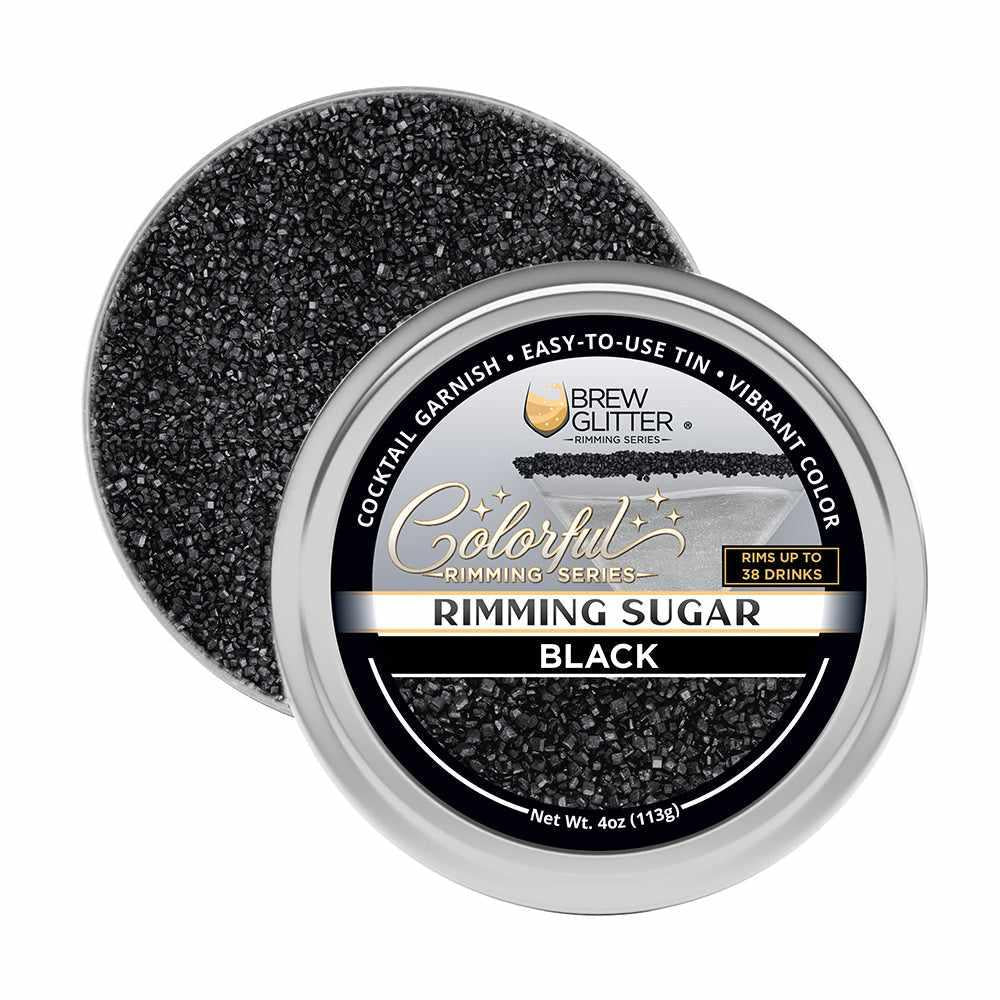 Black cocktail rimming sugar in a 4oz silver tin with a branded label for decorating glass rims.