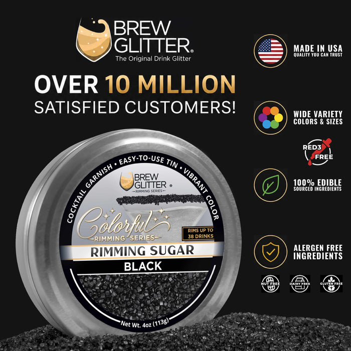 Black cocktail rimming sugar in a 4oz silver tin with Brew Glitter branding and edible ingredient icons.