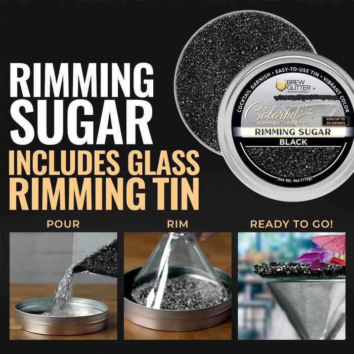 Black cocktail rimming sugar in a 4oz tin with instructions for pouring and rimming a glass for a decorative garnish.