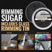 Black cocktail rimming sugar in a 4oz tin with instructions for pouring and rimming a glass for a decorative garnish.