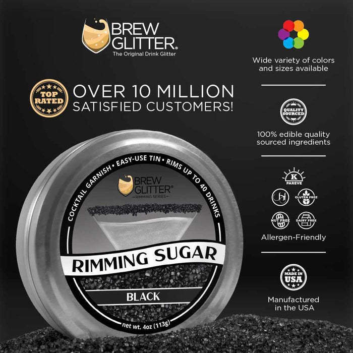 Black Rimming Sugar in a 4oz tin, featuring a cocktail glass graphic with black sugar rim.