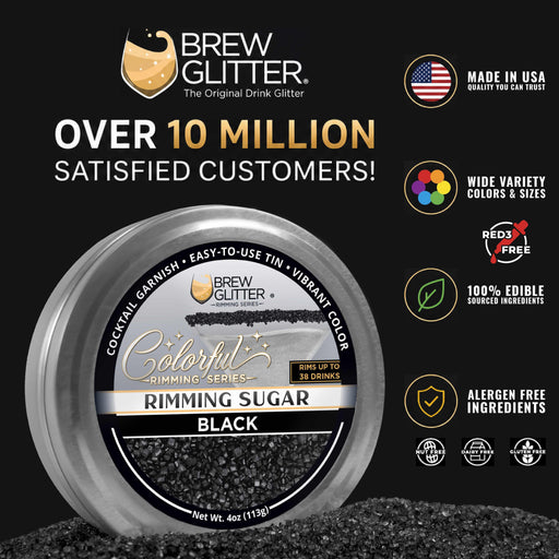 Black cocktail rimming sugar in a 4oz tin, featuring coarse black sugar crystals for decorating glass rims.