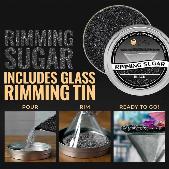Black rimming sugar in a tin with instructions for pouring, rimming, and a finished cocktail.