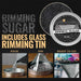 Black rimming sugar in a tin with instructions for pouring, rimming, and a finished cocktail.